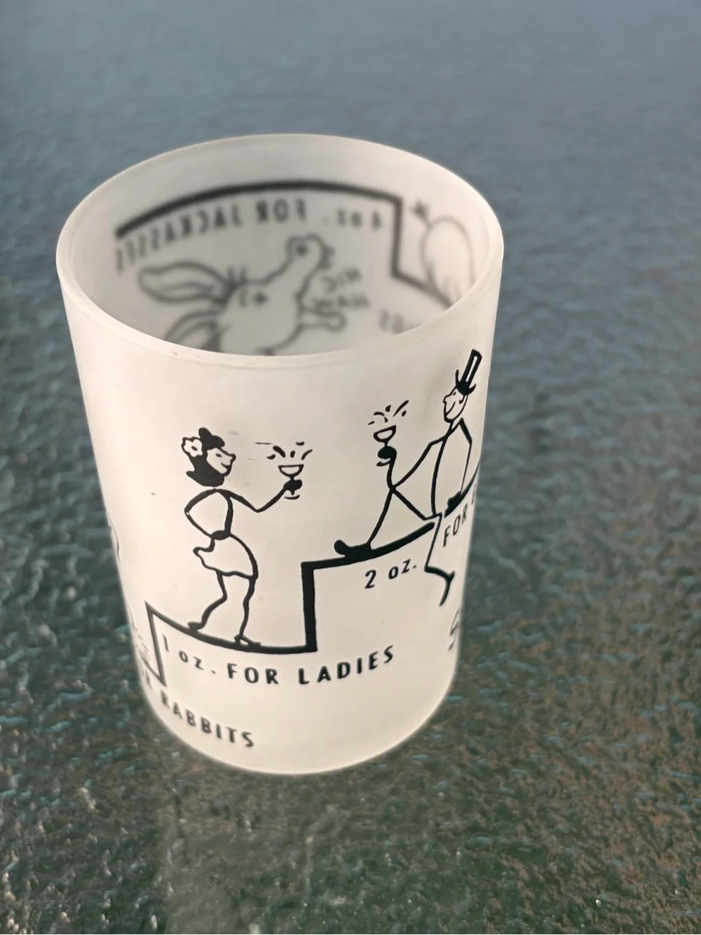 Vintage Style Frosted Shot Glass with Black Graphics